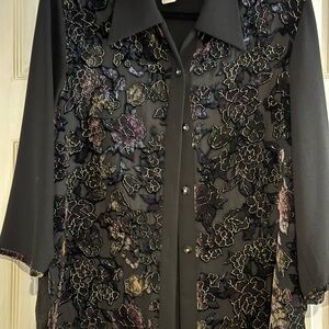 #6….Floral Embroidered Black Button-Up Blouse